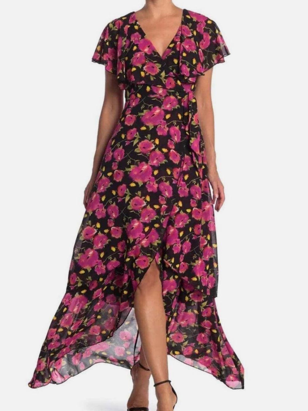Abound Black Floral High-Low Wrap Dress